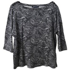 Jones New York Signature Paisley Boat Neck 3/4 Sleeve Cotton Top Black White 1X